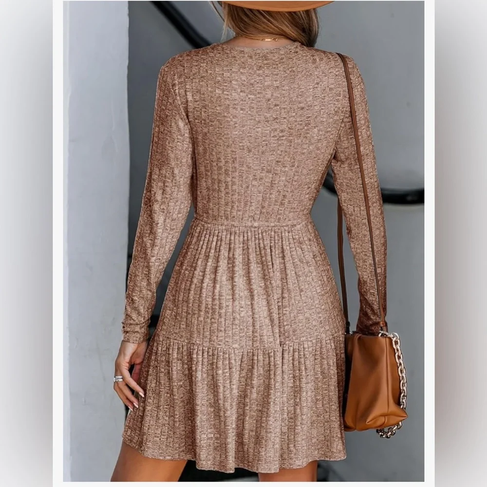 NWT CUPSHE Women's Mini Dress V Neck Knit Ruffled Hem Belted Long Sleeve A Line - Picture 3 of 7